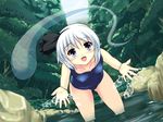  :d bent_over blue_eyes blush breasts competition_swimsuit covered_nipples dutch_angle hairband hitodama hoshizuki_(seigetsu) konpaku_youmu konpaku_youmu_(ghost) one-piece_swimsuit open_mouth outdoors river school_swimsuit silver_hair small_breasts smile solo splashing swimsuit touhou wading water 