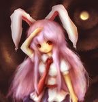  amanojaku animal_ears bad_id bad_pixiv_id blush bunny_ears dress_shirt hand_on_own_head highres long_hair necktie open_mouth pink_hair red_eyes red_neckwear reisen_udongein_inaba shirt solo touhou upper_body 