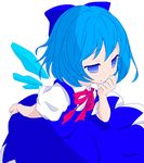  blue_eyes blue_hair blush cirno maki_(natoriumu) ribbon short_hair solo touhou wings yasaka_nino 