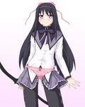  akemi_homura black_hair black_legwear blush bow_(weapon) bra bra_on_head hairband hayashiya_zankurou highres lingerie long_hair magical_girl mahou_shoujo_madoka_magica object_on_head panties panties_over_clothes pantyhose pink_bra pink_panties purple_eyes solo underwear weapon you're_doing_it_wrong 