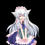  :3 ^_^ alphes_(style) alternate_costume animal_ears apron auer bad_id bad_pixiv_id black_background closed_eyes cosplay enmaided frills gathers inubashiri_momiji izayoi_sakuya izayoi_sakuya_(cosplay) long_hair maid maid_headdress open_mouth parody ribbon simple_background smile solo style_parody touhou very_long_hair white_hair wolf_ears 