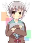  brown_eyes bunny cardigan gray_hair headphones jacket nagato_yuki ribbon school_uniform short_hair suzumiya_haruhi-chan_no_yuuutsu suzumiya_haruhi_no_yuuutsu 