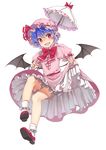  bad_id bad_pixiv_id bat_wings bloomers blue_hair bow colored_eyelashes dress eyelashes fang hat hat_bow open_mouth parasol petticoat red_eyes remilia_scarlet short_hair short_sleeves simple_background skirt skirt_lift solo touhou umbrella underwear ushi_(newrein) wings 