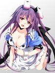  animal_ears breasts brown_eyes bunny_ears cleavage infinite_stratos kneeling large_breasts long_hair maid mechanical_parts off_shoulder purple_hair saipaco shinonono_tabane simple_background smile solo wrist_cuffs 