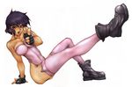  arm_support bad_id bad_pixiv_id bare_shoulders boots breasts collarbone fingerless_gloves full_body ghost_in_the_shell gloves highres kusanagi_motoko large_breasts legs leotard open_mouth parody pink_leotard pointing purple_eyes purple_hair short_hair simple_background sitting solo style_parody thighhighs toyomaru 