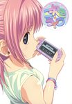  blue_eyes bracelet girls_playing_games koutaro looking_back looking_over_shoulder nijiiro_zakura pink_hair playing_games psp shirt sleeveless video_game 