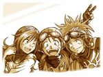  2boys :d ;d bandaid brown dragon_quest dragon_quest_ii gloves goggles goggles_on_head hanbu_hantarou long_sleeves looking_at_viewer looking_back lowres monochrome multiple_boys one_eye_closed open_mouth prince_of_lorasia prince_of_samantoria princess_of_moonbrook smile 