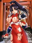  areolae armor belly black_hair blush breasts erect_nipples huge_breasts labia navel nipples oppai run running soul_calibur taki torn_clothes vagina wide_hips 