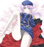  beret bikuto_ryuu blush breasts cape crotch_seam daibanchou feet ginjou_tomoka green_eyes hat large_breasts lavender_hair leg_up lying military military_uniform on_back panties panties_under_pantyhose pantyhose pantyshot solo thighband_pantyhose underwear uniform white_legwear 