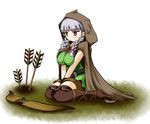  arrow bad_id bad_pixiv_id bow_(weapon) braid breasts brown_eyes cloak dragon's_crown elf elf_(dragon's_crown) gloves hood hooded_cloak kyoko_nagase large_breasts long_hair planted_arrow pointy_ears silver_hair sitting solo thighhighs twin_braids v_arms wariza weapon 