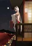  absurdres animal_ears bad_id bad_pixiv_id balcony detached_sleeves fujinon_(fish_bone) hat highres inubashiri_momiji moon night pantyhose red_eyes silver_hair sitting solo sword tokin_hat touhou town weapon white_legwear wolf_ears 