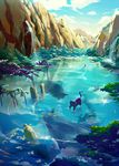  bad_pixiv_id cat cloud copyright_request creature day fish landscape leaf no_humans scenery sky water waterfall whale_shark yayin_(yayin233) 