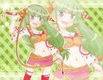 argyle argyle_background bad_id bad_pixiv_id character_name feena_(grandia) grandia grandia_i green_background green_eyes green_hair hair_ornament hair_tubes jewelry kapitann lace_border long_hair low-tied_long_hair midriff navel necklace smile solo thighhighs torn_clothes whip wide_sleeves zoom_layer 