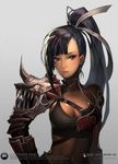  armor bad_id bad_pixiv_id black_eyes black_hair breasts chronos_sword cleavage large_breasts leeky_(chronos_sword) midriff navel ponytail repi simple_background solo upper_body 