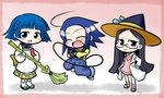  ^_^ ahoge apron black_hair blue_eyes blue_hair blush broom chibi closed_eyes dress glasses hat kanban_musume_wa_sashiosae kappougi kazoku_game kusuri_no_marjoram labcoat long_hair mahou_ram multiple_girls musical_note open_mouth overalls sandals short_hair smile toyo_(kanban_musume_wa_sashiosae) witch_hat yanagi_(nurikoboshi) yusa_aoi_(kazoku_game) 