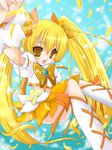  blonde_hair boots bow brooch brown_eyes cure_sunshine dress flower hair_ribbon heart heartcatch_precure! jewelry knee_boots long_hair magical_girl myoudouin_itsuki narimiya_momone orange_bow petals precure ribbon smile solo twintails wrist_cuffs yellow_bow 