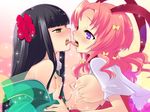  alice_parade black_hair blush breast_grab breasts french_kiss grabbing green_eyes hair_ornament highres itou_noiji kiss lactation large_breasts long_hair luna_(alice_parade) multiple_girls nipples open_clothes open_mouth open_shirt pink_hair purple_eyes shirt short_hair small_breasts tongue wallpaper yaname_(alice_parade) yuri 