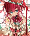  1girl bangs blue_eyes blue_ribbon choker detached_sleeves dress earrings elizabeth_bathory_(fate) elizabeth_bathory_(fate)_(all) eyebrows_visible_through_hair fate_(series) flower frilled_choker frills hair_between_eyes hat highres holding holding_microphone jewelry long_hair long_sleeves looking_at_viewer microphone microphone_stand osanai pink_dress pink_flower pink_hair pink_hat pointy_ears polka_dot polka_dot_dress ribbon sidelocks signature sleeveless sleeveless_dress smile solo tail_flower top_hat very_long_hair wrist_cuffs 