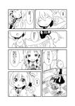  2girls :d :o ^_^ apron bat_wings blush bow braid brooch closed_eyes comb combing comic dressing fang greyscale izayoi_sakuya jewelry large_bow maid maid_headdress monochrome multiple_girls no_hat no_headwear open_mouth remilia_scarlet sleepy slit_pupils smile sonson_(eleven) touhou translated twin_braids uu~ waist_apron wings 