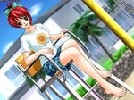  barefoot brown_eyes casual_romance_club feet houkago_ren-ai_club life_guard palm_tree plaid_hair_ribbon plaid_skirt red_hair sunflower tee_shirt 