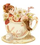  arrietty bad_id bad_pixiv_id boots brown_eyes brown_hair cup daisy flower karigurashi_no_arrietty looking_at_viewer minigirl ponytail roh_yon_ji sitting smile solo sugar_cube teacup teapot 