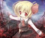  ascot bad_id bad_pixiv_id balancing blonde_hair city contemporary darkness dress dress_shirt foreshortening forest hair_ribbon itsutsuki long_sleeves nature red_eyes ribbon rumia shirt short_hair solo tareme touhou 