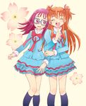  aria_gakuen_school_uniform arm_hug blue-framed_eyewear blue_shirt blush brown_hair closed_eyes eyelashes flower glasses hair_ribbon houjou_hibiki houjou_sakura kneehighs long_hair multiple_girls oota open_mouth precure purple_eyes purple_hair ribbon school_uniform seiren_(suite_precure) shirt skirt smile suite_precure two_side_up 