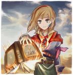  banned_artist belt book book_focus bow brown_hair cecilia_lynne_adelhyde cloud coat earrings green_eyes hairband jewelry looking_at_viewer magic red_hairband ribbon short_hair sky smile solo wild_arms wild_arms_1 yokige 