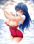  areolae blue_hair blush breasts distance large_breasts long_hair nipple_slip nipples one-piece_swimsuit original school_uniform shirt shirt_lift smile solo swimsuit swimsuit_under_clothes water 
