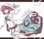  engi_threepiece green_eyes hall_jion hat letterboxed merry_nightmare midriff multiple_girls pointy_ears purple_hair ribbon short_hair skirt steam striped striped_legwear thighhighs yumekui_merry 