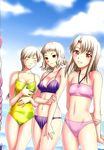  albino bikini blush breasts cleavage closed_eyes cover cover_page denkichi doujinshi fate/stay_night fate_(series) highres illyasviel_von_einzbern leysritt long_hair medium_breasts multiple_girls one-piece_swimsuit ponytail red_eyes sella short_hair small_breasts smile striped striped_bikini striped_swimsuit swimsuit vertical-striped_bikini vertical_stripes white_hair 