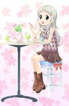 ano_hi_mita_hana_no_namae_wo_bokutachi_wa_mada_shiranai. blue_eyes boots cake casual eating food highres honma_meiko k-on! long_hair mochi-pon parody scarf silver_hair solo stool style_parody table 
