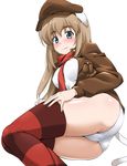  animal_ears blush brown_hair cameltoe hat jacket leather leather_jacket long_hair panties red_legwear scarf simple_background smile solo striped striped_legwear tail thighhighs underwear white_panties wilma_bishop world_witches_series youkan 