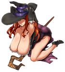  armpits arms_behind_back breasts cleavage denki_shougun dragon's_crown dress elbow_gloves from_above gigantic_breasts gloves hanging_breasts hat leaning_forward legs long_hair red_hair sagging_breasts side_slit sitting solo sorceress_(dragon's_crown) staff strapless strapless_dress thighs wariza witch_hat 