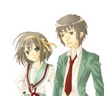  1girl :d blazer brown_eyes brown_hair collared_shirt dress_shirt expressionless hairband jacket jhonwalker jitome kita_high_school_uniform kyon long_sleeves looking_at_viewer lowres necktie open_mouth orange_hairband red_neckwear school_uniform shirt simple_background smile suzumiya_haruhi suzumiya_haruhi_no_yuuutsu upper_body white_background white_shirt 