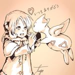  child coat fur_trim gen_2_pokemon hair_ornament hands heart monochrome open_mouth pokemon pokemon_(creature) pokemon_(game) pokemon_dppt shirona_(pokemon) togetic translated tugo wings winter_clothes younger 