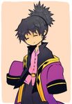  :&gt; artist_request black_hair brown_background closed_eyes long_sleeves lowres male_focus ponytail raven_(tales) sleeves_past_wrists smile solo tales_of_(series) tales_of_vesperia 