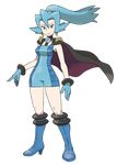  absurdres blue_bodysuit blue_eyes blue_hair bodysuit boots cape full_body gloves high_heels highres ibuki_(pokemon) official_art pokemon pokemon_(game) pokemon_hgss ponytail shoes solo standing sugimori_ken transparent_background 