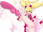  agahat ass blonde_hair boots bow choker cure_peach eyelashes fresh_precure! hair_ornament heart heart_hair_ornament highres kicking knee_boots long_hair magical_girl momozono_love no_choker panties pink_bow pink_footwear precure red_eyes solo twintails underwear upskirt white_panties zoom_layer 