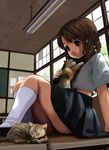  brown_hair cat kitten kneehighs original school_uniform serafuku short_hair sitting smile socks solo togusa_masamu white_legwear 