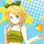  alternate_costume bad_id bad_pixiv_id blonde_hair blue_eyes camisole colored_eyelashes eyelashes food frills fruit hair_ornament hair_ribbon hairclip hirochihiro kagamine_rin lowres orange ribbon short_hair solo star vocaloid 