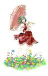  :d ascot flower green_hair highres kazami_yuuka open_mouth plaid plaid_skirt plaid_vest red_eyes shirotsume short_hair skirt skirt_set smile solo touhou umbrella unmoving_pattern vest 