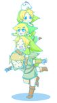  bird black_eyes blonde_hair chicken cucco earrings gloves hat jewelry link lip_(coco) male_focus multiple_boys multiple_persona pointy_ears smile the_legend_of_zelda time_paradox toon_link young_link 