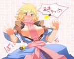  bad_id bad_pixiv_id between_breasts blonde_hair blush bouncing_breasts breasts breasts_apart bursting_breasts green_eyes kasuteru large_breasts mizuhashi_parsee popped_button scarf short_hair solo touhou wardrobe_malfunction 