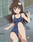  barefoot brown_hair feet highres long_hair one-piece_swimsuit school_swimsuit screencap solo stitched surprised swimsuit third-party_edit to_love-ru toes yuuki_mikan 