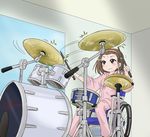  brown_eyes brown_hair commentary_request drum drum_set drumsticks edasaki_banri hairband highres instrument k-on! look-alike pajamas satou_satomi seiyuu_connection short_hair sitting tainaka_ritsu to_aru_kagaku_no_railgun to_aru_majutsu_no_index tokidome_zamao wheelchair 