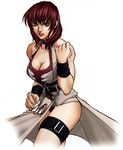  1girl artist_request big_breasts blue_eyes breasts choker cleavage female gensou_suikoden gensou_suikoden_ii large_breasts oulan red_hair redhead short_hair solo suikoden suikoden_ii white_background wristband 