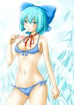  bikini blue_eyes blue_hair blush bow breasts cirno cleavage food front-tie_top hair_bow highres ice ke-lions_so medium_breasts popsicle sexually_suggestive short_hair side-tie_bikini solo swimsuit touhou wings 