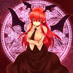  &gt;:) adapted_costume bat_wings breasts cleavage cleavage_cutout head_wings hexagram highres koakuma large_breasts long_hair magic_circle necktie pointy_ears red_eyes red_hair saemon_(tonpura) smile solo touhou v-shaped_eyebrows wings 