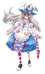  animal_ears apron bad_id bad_pixiv_id bow bunny_ears destroyersagiri full_body hat irisu_kyouko irisu_shoukougun! long_hair red_eyes shoes simple_background single_sock sneakers socks solo standing stitches striped striped_legwear white_hair witch_hat 